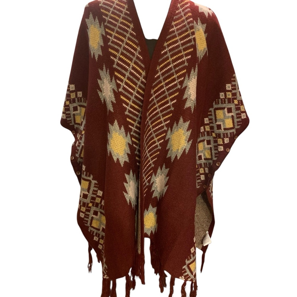 Miss Me Burgundy and Gold Geometric Wrap/Shawl/Cape - Picture 1 of 11